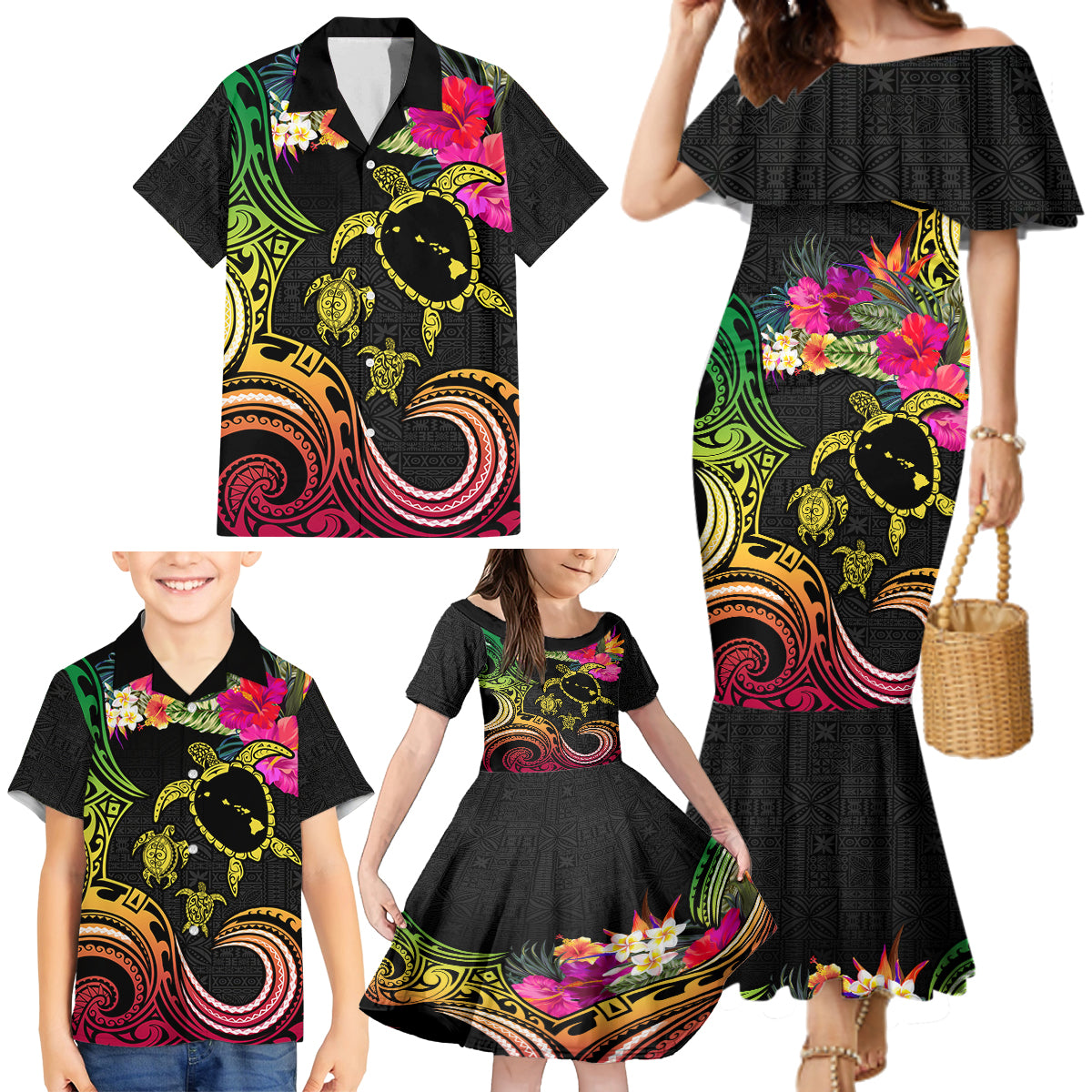 Hawaii Turtle Day Family Matching Mermaid Dress and Hawaiian Shirt Polynesian Tattoo and Hibiscus Flowers LT03 - Polynesian Pride