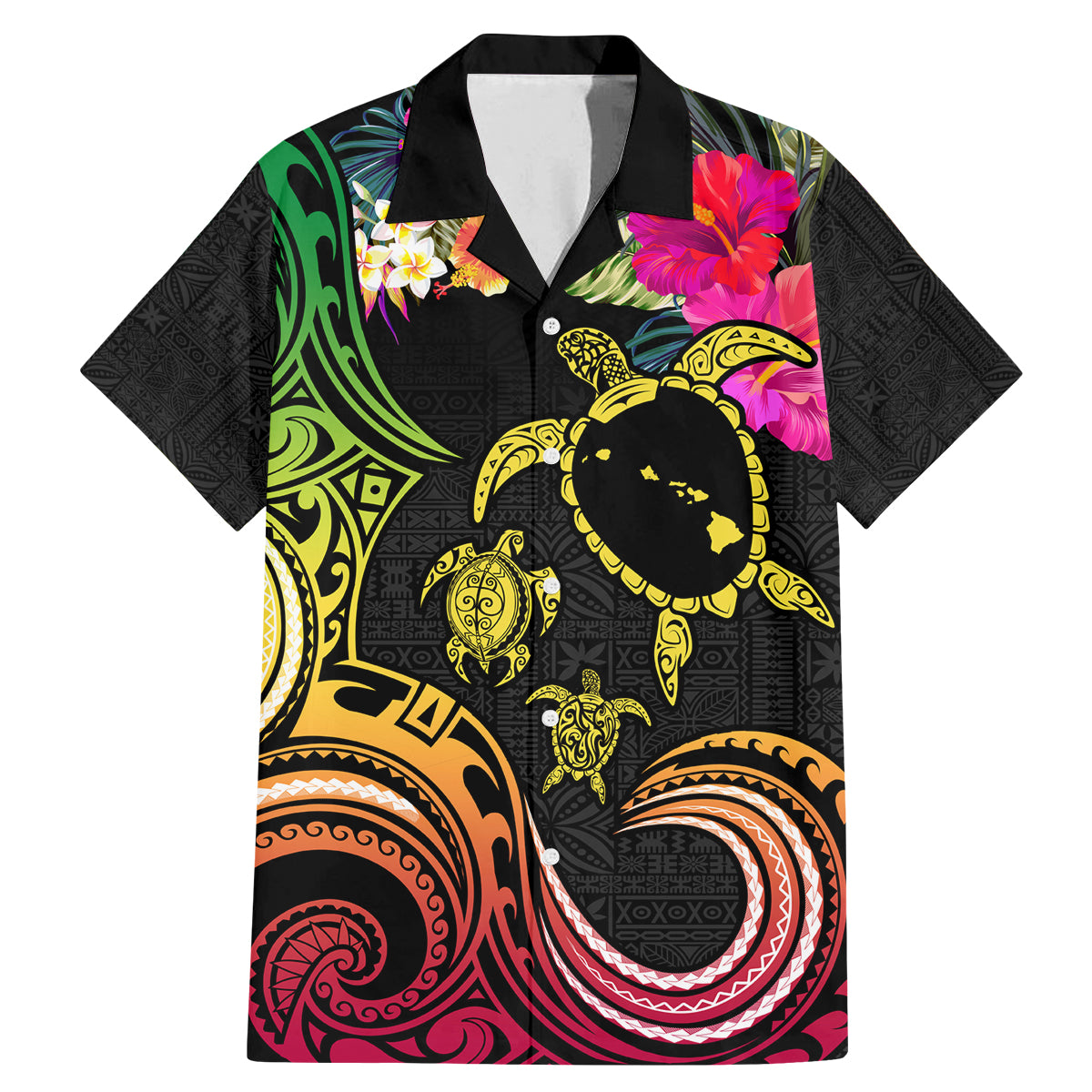 Hawaii Turtle Day Family Matching Mermaid Dress and Hawaiian Shirt Polynesian Tattoo and Hibiscus Flowers LT03 Dad's Shirt - Short Sleeve Black - Polynesian Pride