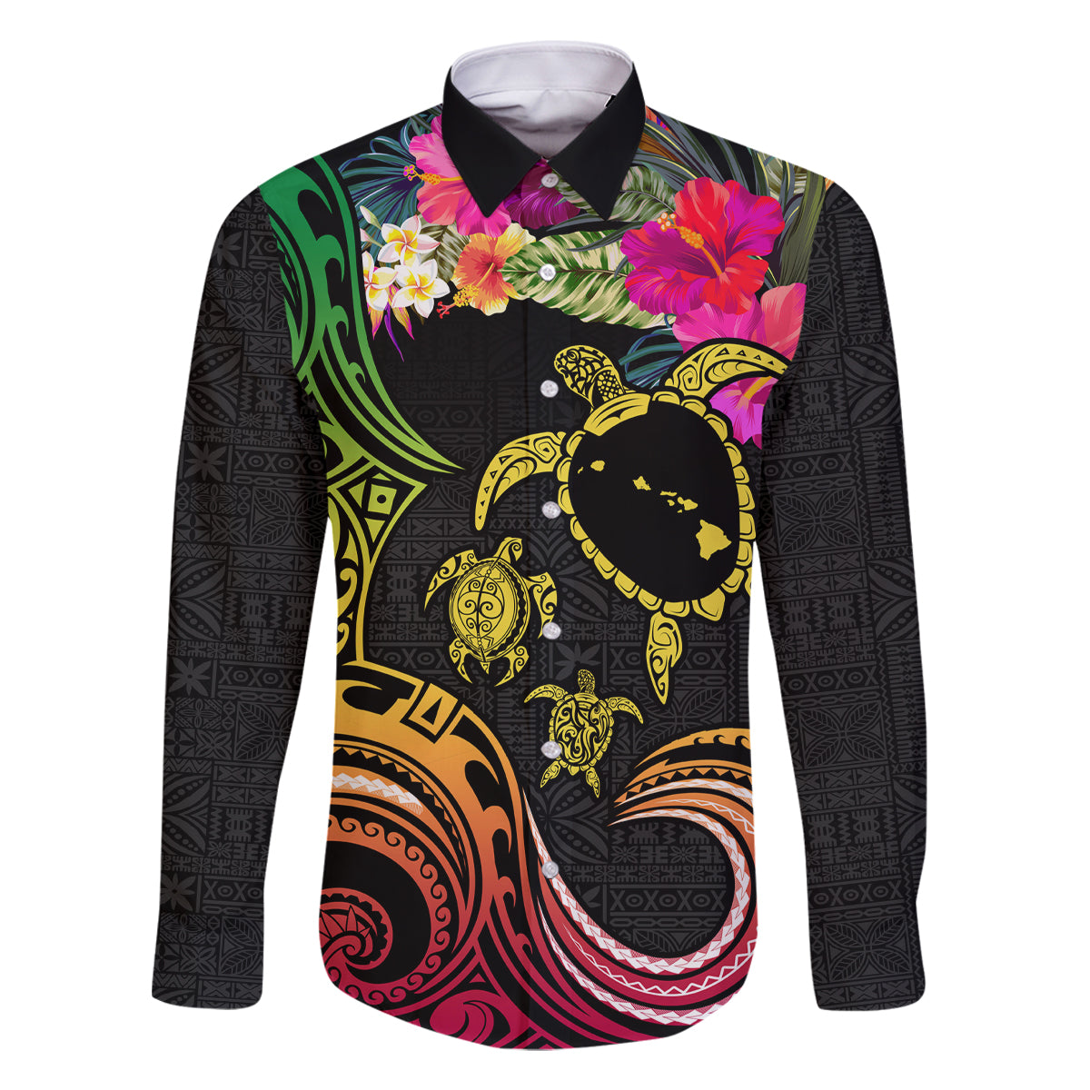 Hawaii Turtle Day Family Matching Off The Shoulder Long Sleeve Dress and Hawaiian Shirt Polynesian Tattoo and Hibiscus Flowers