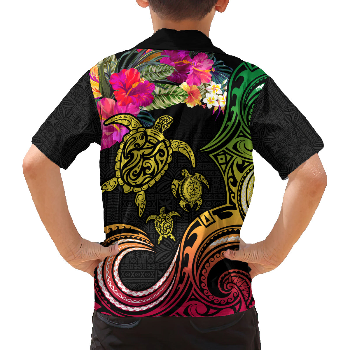 Hawaii Turtle Day Family Matching Off Shoulder Short Dress and Hawaiian Shirt Polynesian Tattoo and Hibiscus Flowers LT03 - Polynesian Pride