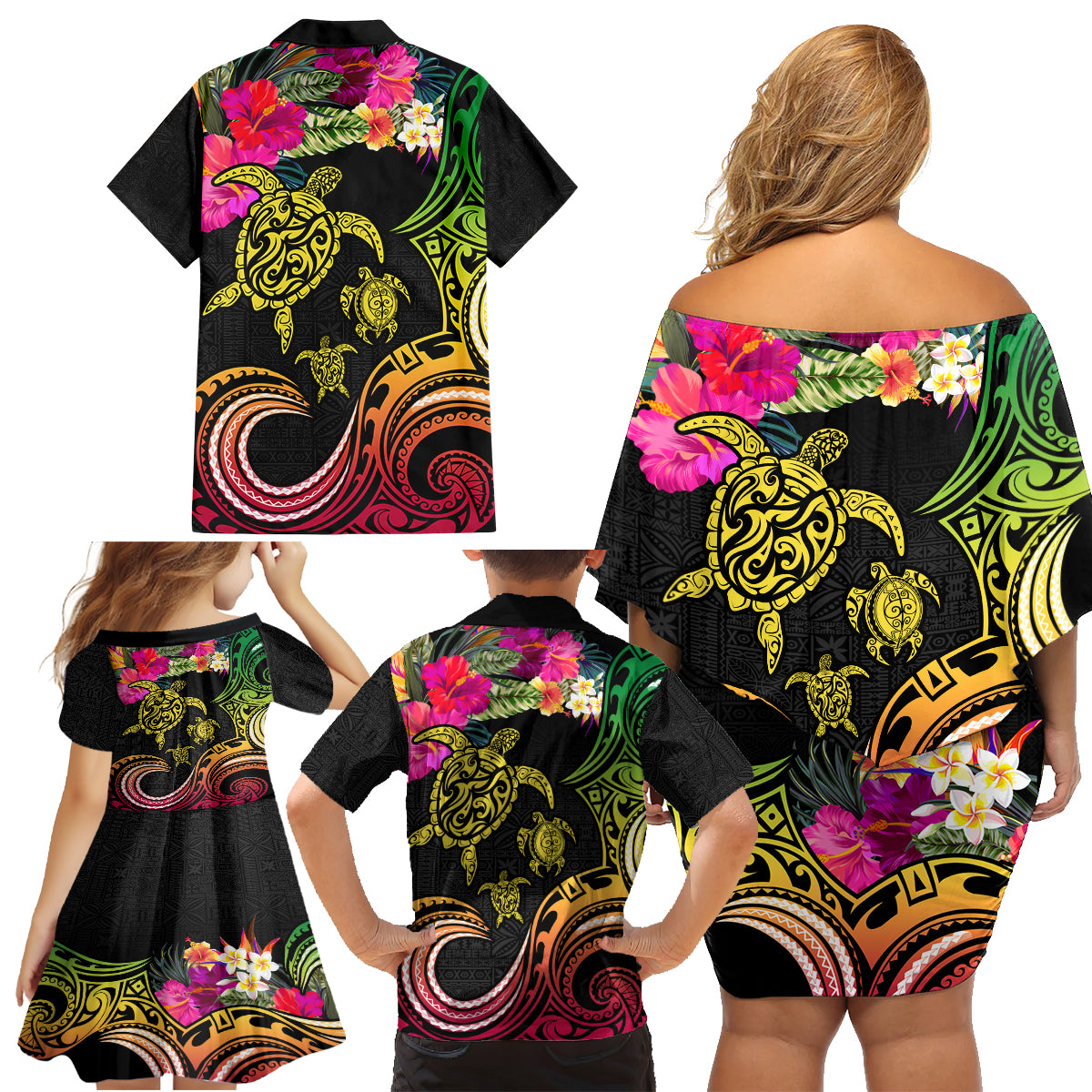 Hawaii Turtle Day Family Matching Off Shoulder Short Dress and Hawaiian Shirt Polynesian Tattoo and Hibiscus Flowers LT03 - Polynesian Pride