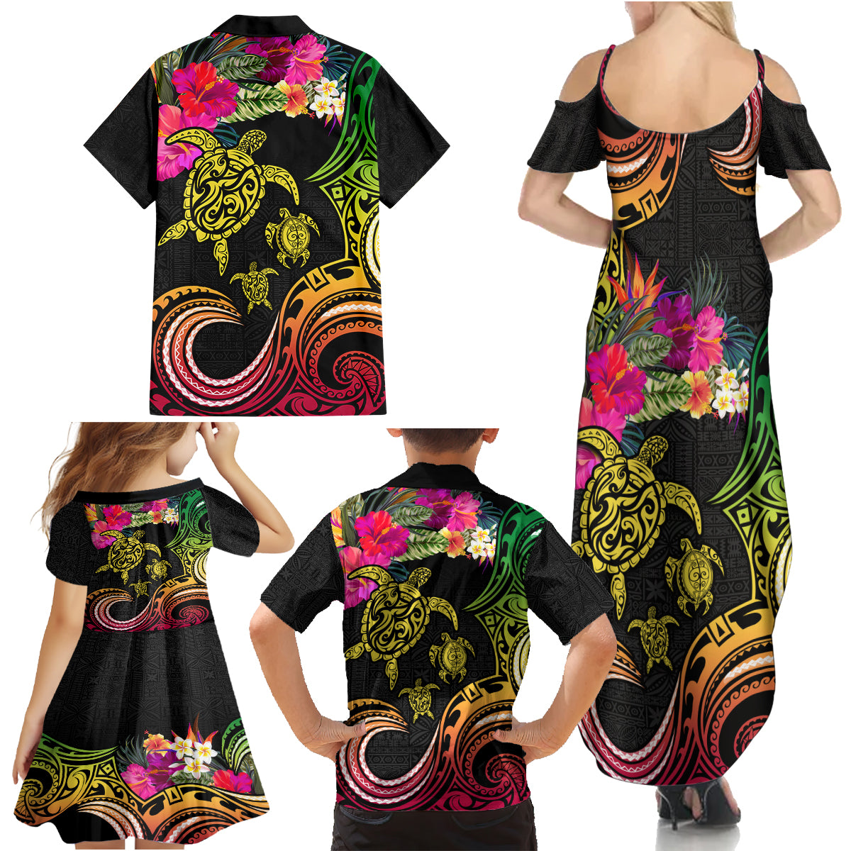 Hawaii Turtle Day Family Matching Summer Maxi Dress and Hawaiian Shirt Polynesian Tattoo and Hibiscus Flowers LT03 - Polynesian Pride