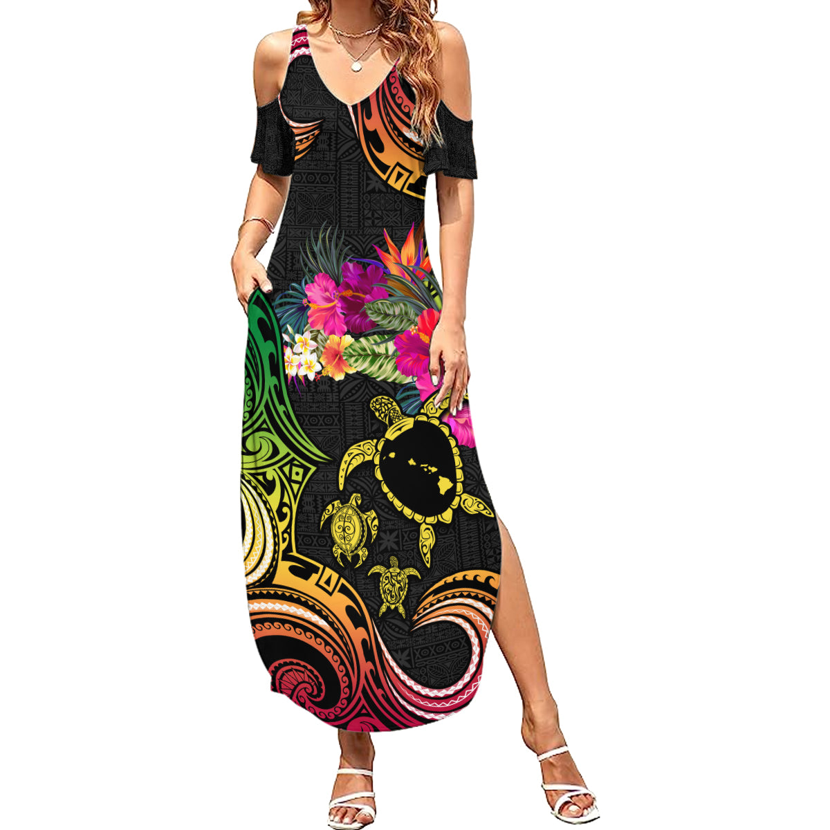 Hawaii Turtle Day Family Matching Summer Maxi Dress and Hawaiian Shirt Polynesian Tattoo and Hibiscus Flowers LT03 Mom's Dress Black - Polynesian Pride