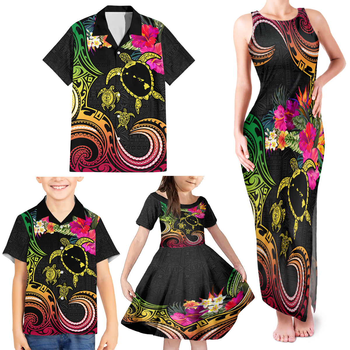 Hawaii Turtle Day Family Matching Tank Maxi Dress and Hawaiian Shirt Polynesian Tattoo and Hibiscus Flowers LT03 - Polynesian Pride