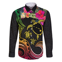 Hawaii Turtle Day Family Matching Tank Maxi Dress and Hawaiian Shirt Polynesian Tattoo and Hibiscus Flowers LT03 Dad's Shirt - Long Sleeve Black - Polynesian Pride