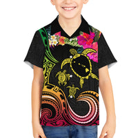 Hawaii Turtle Day Family Matching Tank Maxi Dress and Hawaiian Shirt Polynesian Tattoo and Hibiscus Flowers LT03 Son's Shirt Black - Polynesian Pride