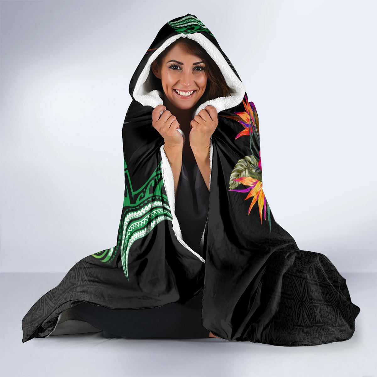 Hawaii Turtle Day Hooded Blanket Polynesian Tattoo and Hibiscus Flowers
