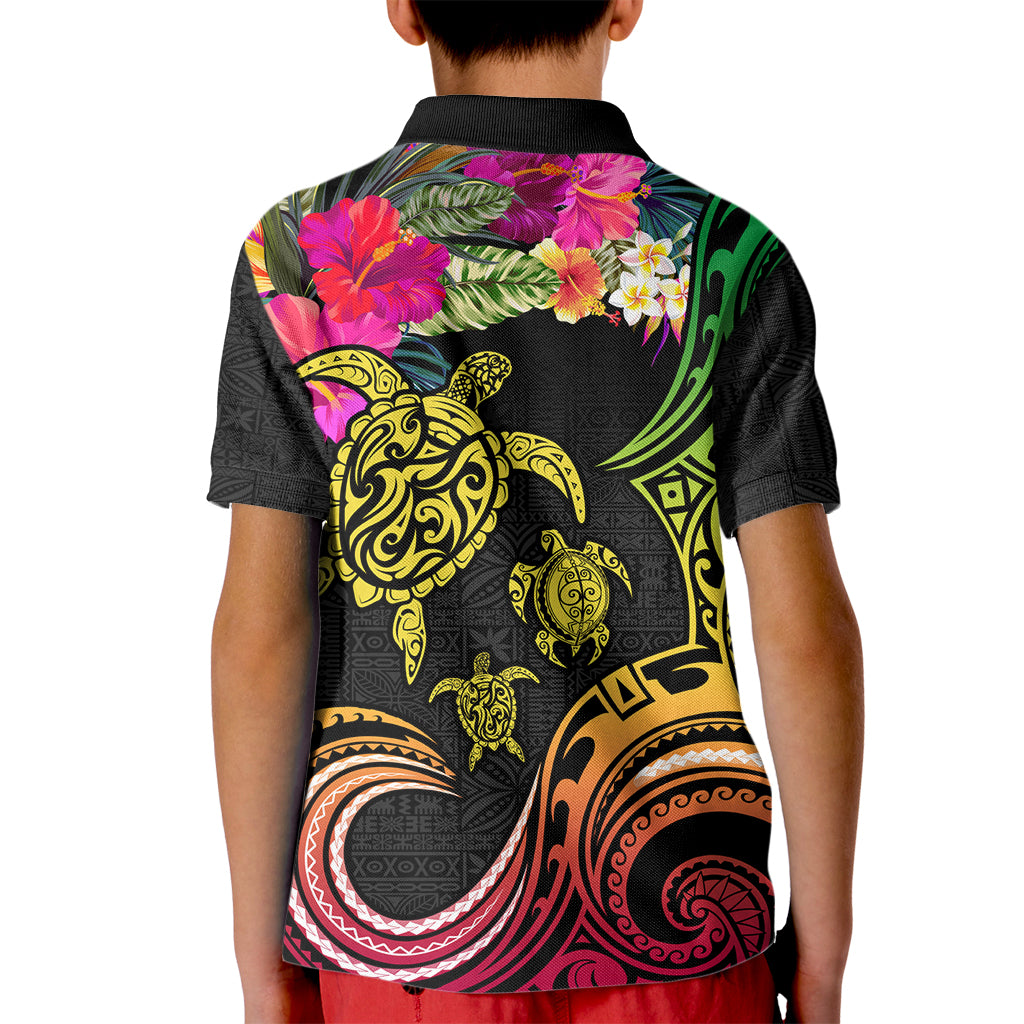 Hawaii Turtle Day Kid Polo Shirt Polynesian Tattoo and Hibiscus Flowers