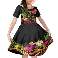 Hawaii Turtle Day Kid Short Sleeve Dress Polynesian Tattoo and Hibiscus Flowers