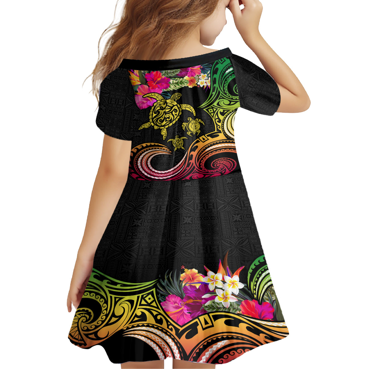 Hawaii Turtle Day Kid Short Sleeve Dress Polynesian Tattoo and Hibiscus Flowers