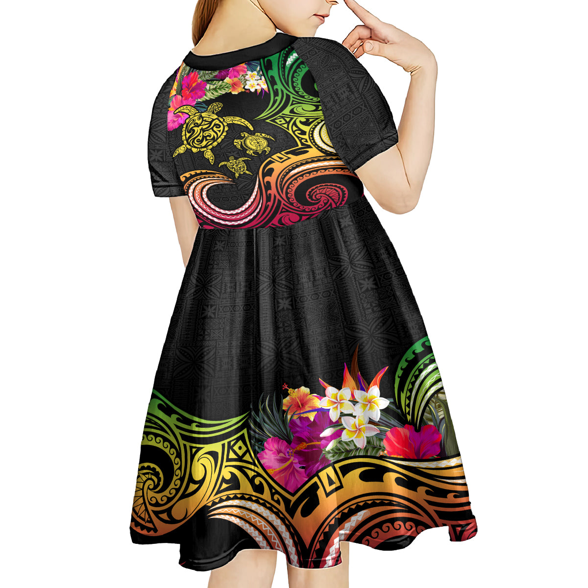 Hawaii Turtle Day Kid Short Sleeve Dress Polynesian Tattoo and Hibiscus Flowers