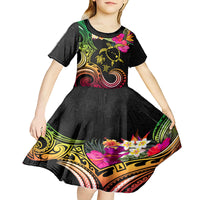 Hawaii Turtle Day Kid Short Sleeve Dress Polynesian Tattoo and Hibiscus Flowers