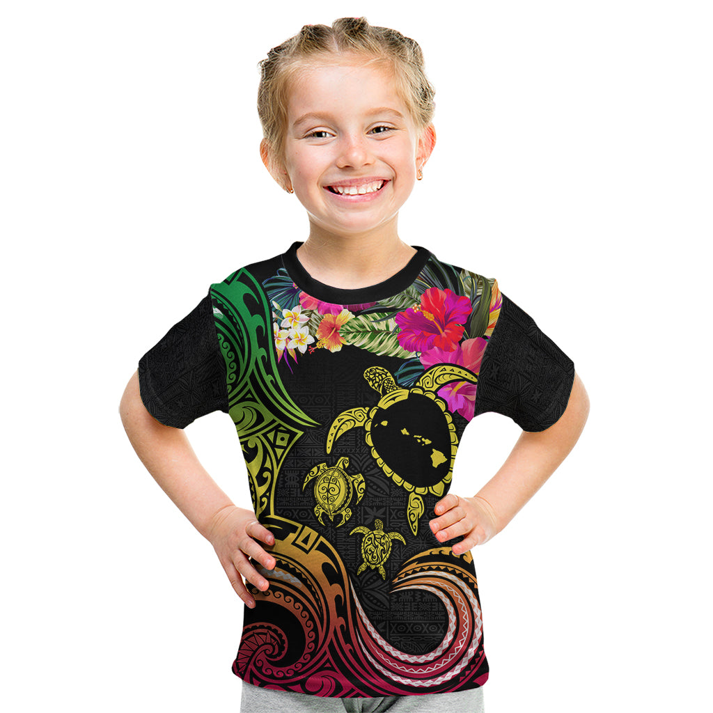 Hawaii Turtle Day Kid T Shirt Polynesian Tattoo and Hibiscus Flowers LT03 Black - Polynesian Pride