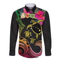 Hawaii Turtle Day Long Sleeve Button Shirt Polynesian Tattoo and Hibiscus Flowers