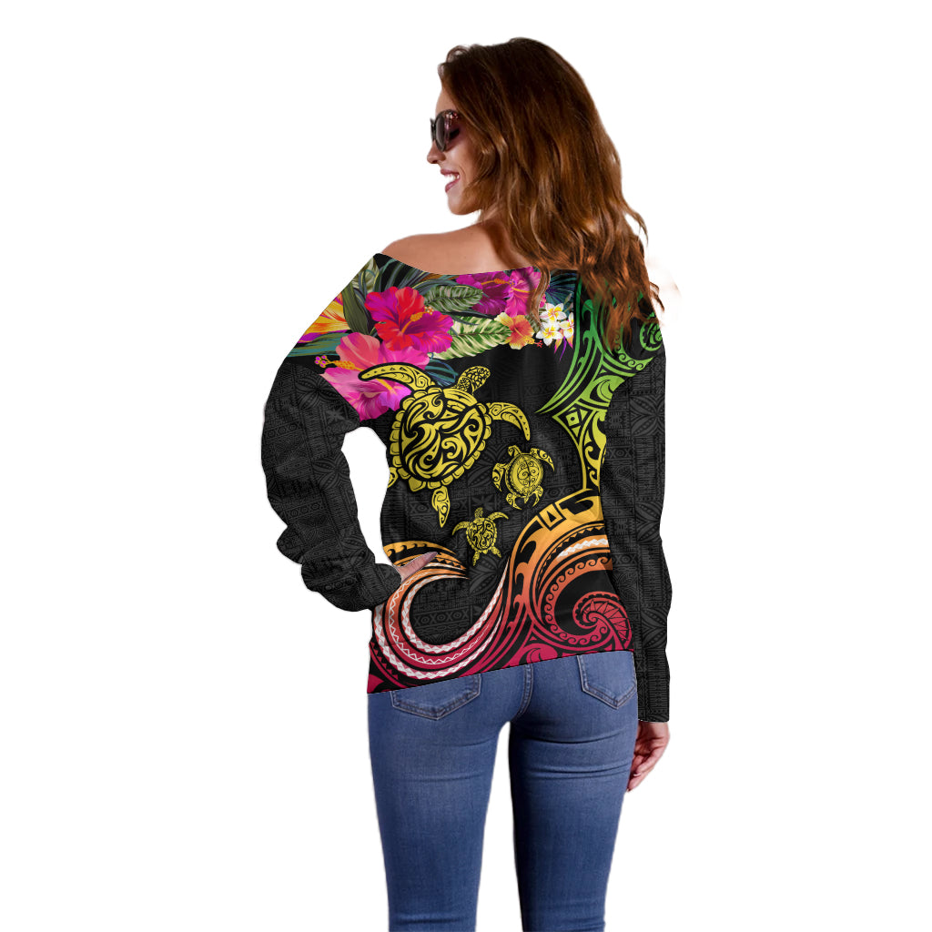 Hawaii Turtle Day Off Shoulder Sweater Polynesian Tattoo and Hibiscus Flowers