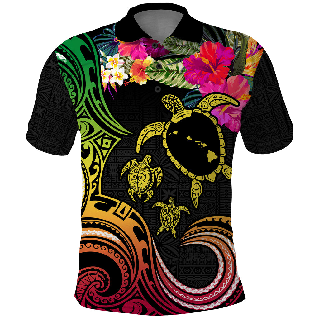 Hawaii Turtle Day Polo Shirt Polynesian Tattoo and Hibiscus Flowers