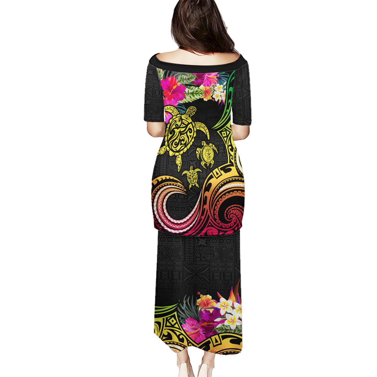 Hawaii Turtle Day Puletasi Polynesian Tattoo and Hibiscus Flowers