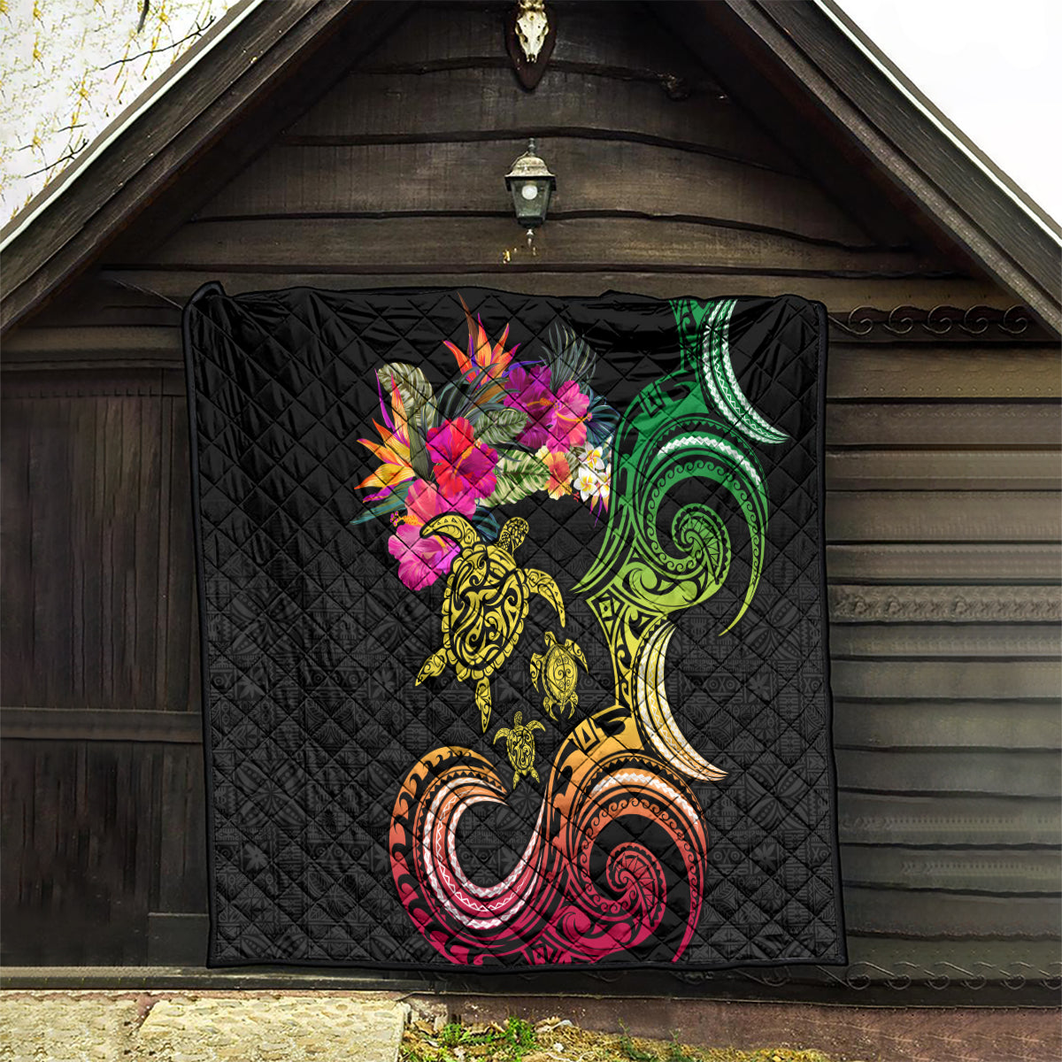 Hawaii Turtle Day Quilt Polynesian Tattoo and Hibiscus Flowers