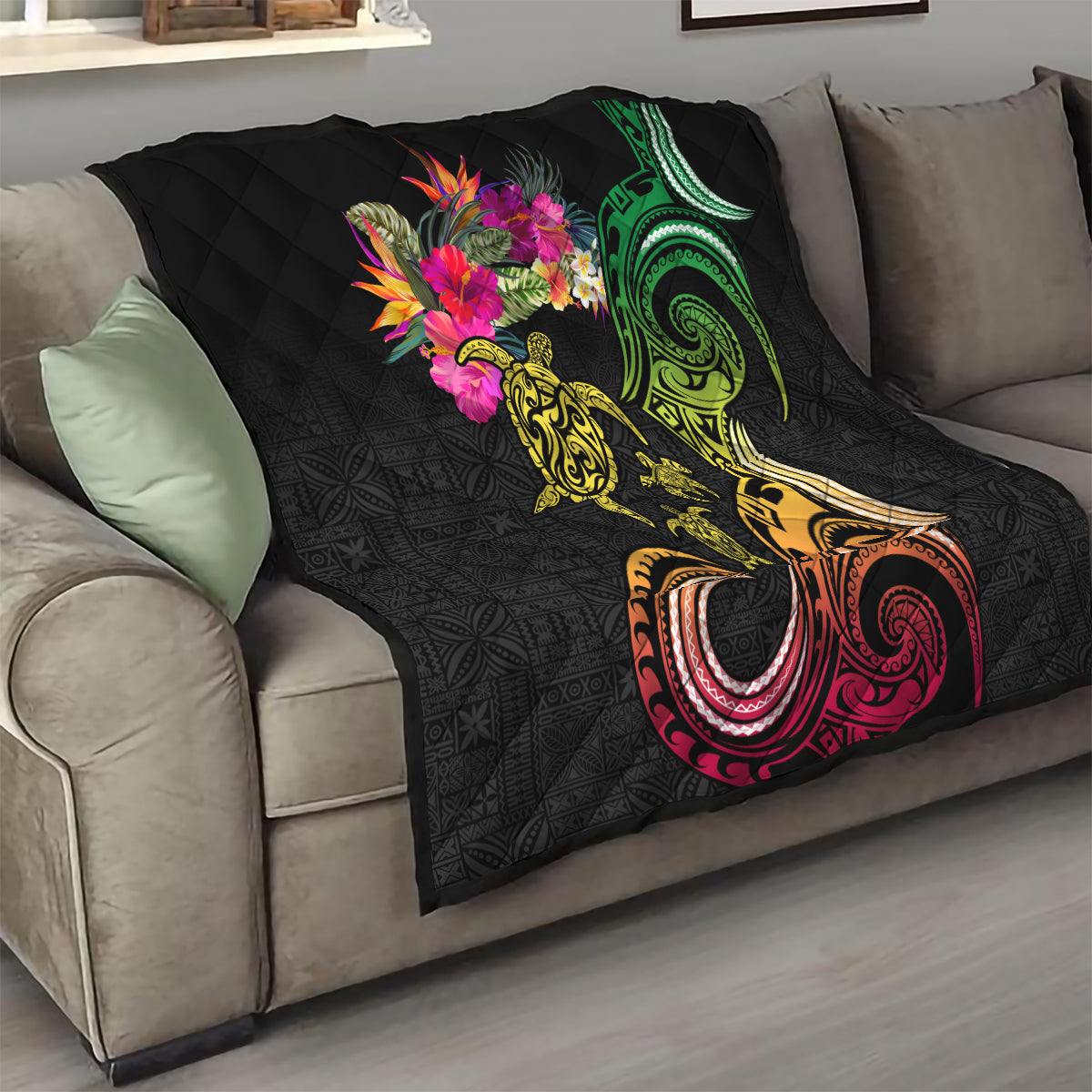 Hawaii Turtle Day Quilt Polynesian Tattoo and Hibiscus Flowers