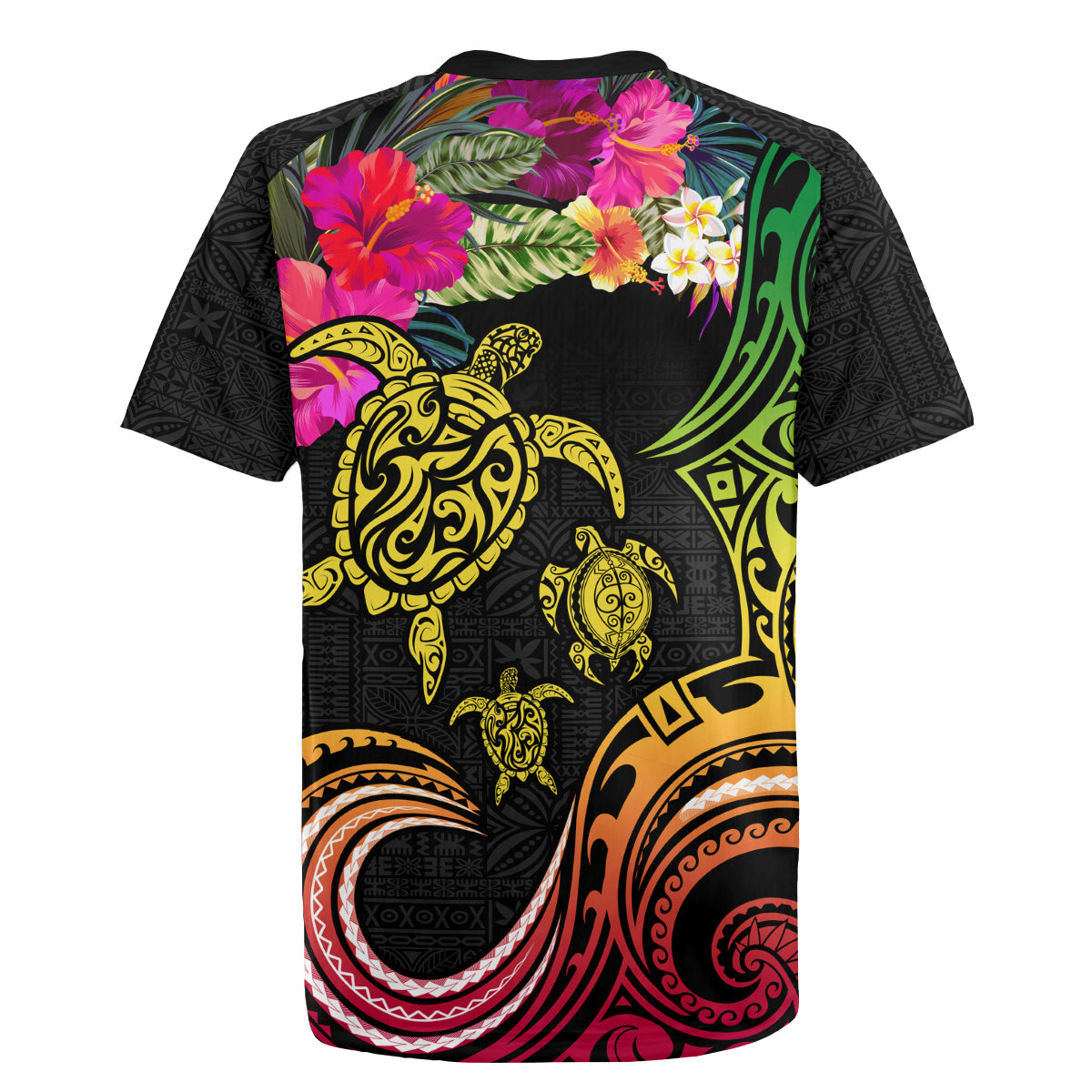 Hawaii Turtle Day Rugby Jersey Polynesian Tattoo and Hibiscus Flowers