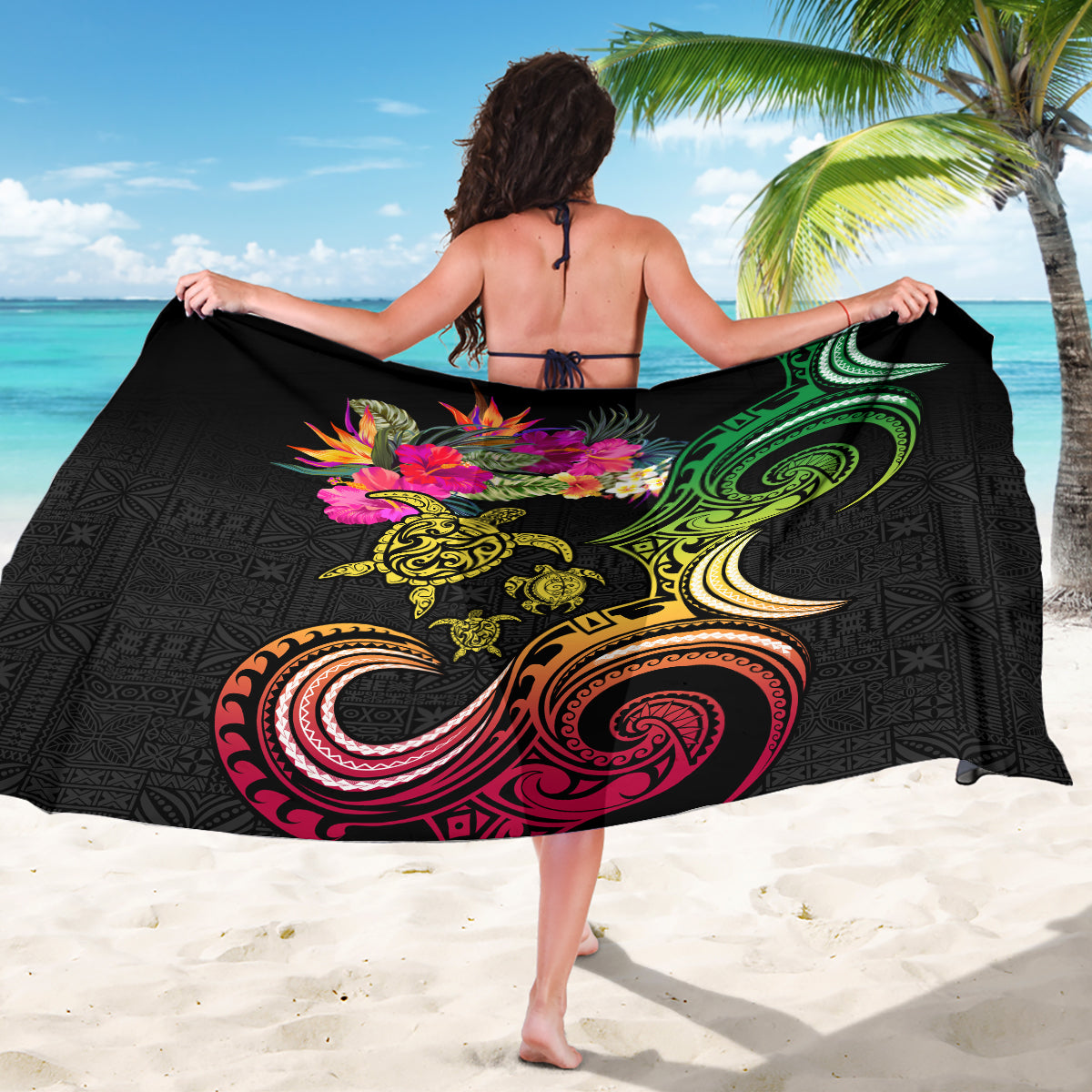 Hawaii Turtle Day Sarong Polynesian Tattoo and Hibiscus Flowers