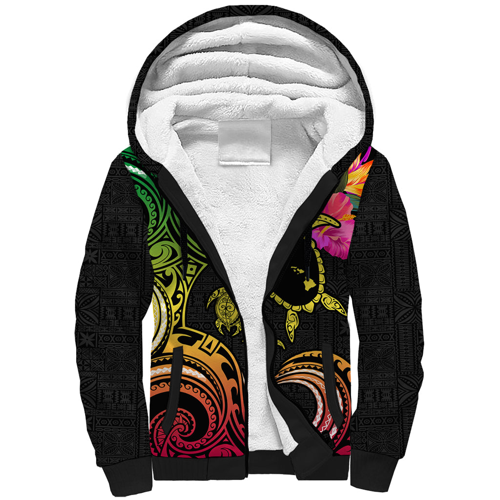 Hawaii Turtle Day Sherpa Hoodie Polynesian Tattoo and Hibiscus Flowers
