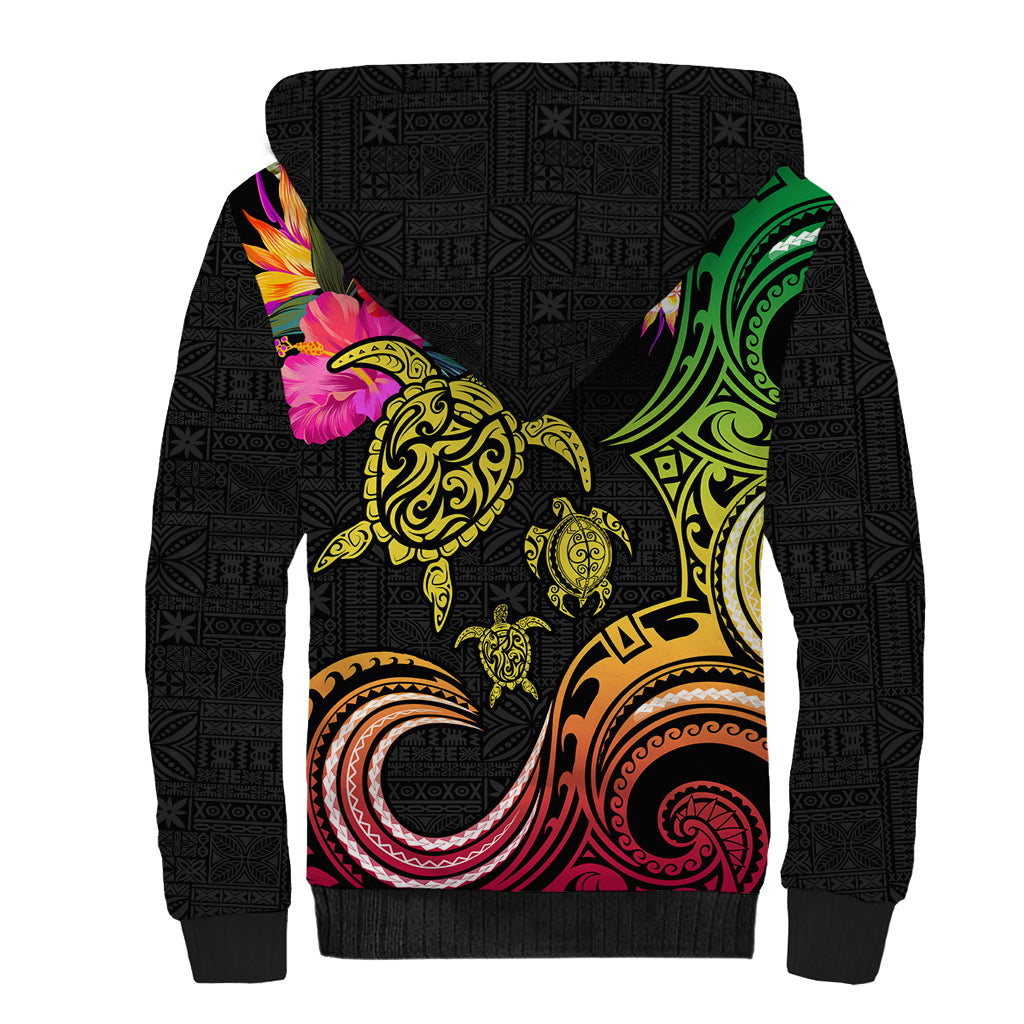 Hawaii Turtle Day Sherpa Hoodie Polynesian Tattoo and Hibiscus Flowers