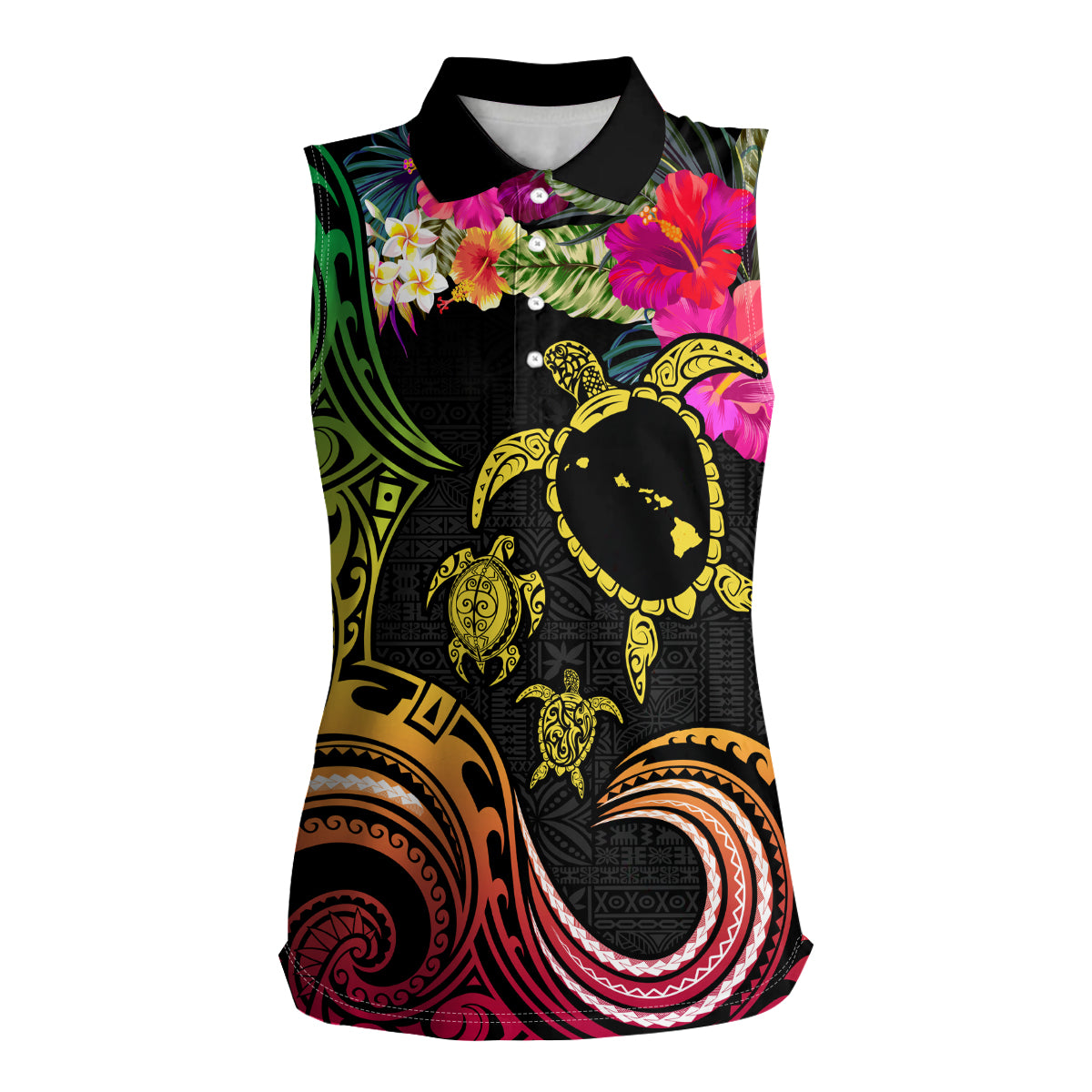 Hawaii Turtle Day Women Sleeveless Polo Shirt Polynesian Tattoo and Hibiscus Flowers LT03 Female Black - Polynesian Pride