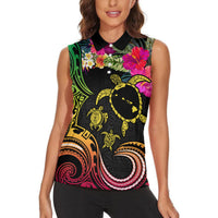 Hawaii Turtle Day Women Sleeveless Polo Shirt Polynesian Tattoo and Hibiscus Flowers LT03 - Polynesian Pride