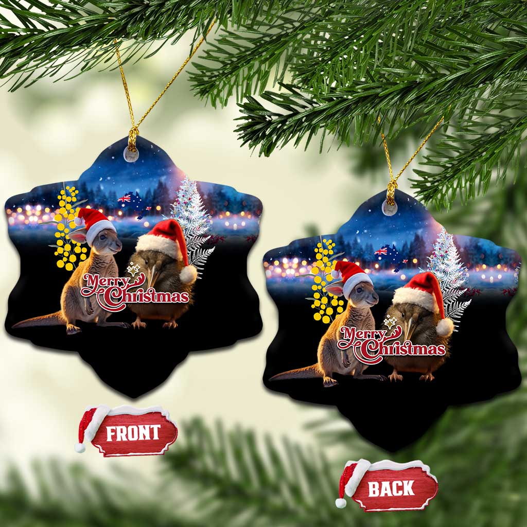 New Zealand and Australia Merry Christmas Ceramic Ornament Kiwi Bird and Kangaroo Xmas Vibe LT03 Snow Flake Black - Polynesian Pride