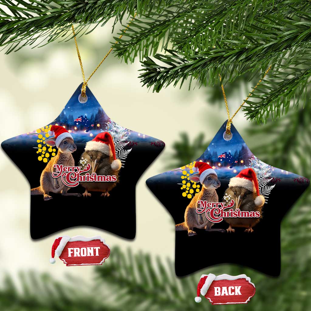 New Zealand and Australia Merry Christmas Ceramic Ornament Kiwi Bird and Kangaroo Xmas Vibe LT03 Star Black - Polynesian Pride