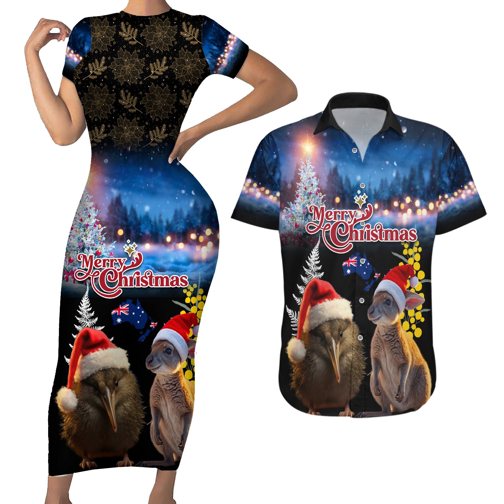 New Zealand and Australia Merry Christmas Couples Matching Short Sleeve Bodycon Dress and Hawaiian Shirt Kiwi Bird and Kangaroo Xmas Vibe