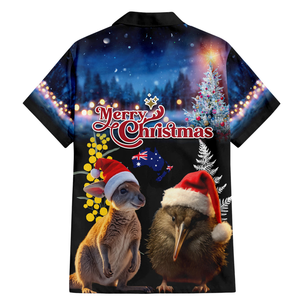 New Zealand and Australia Merry Christmas Family Matching Short Sleeve Bodycon Dress and Hawaiian Shirt Kiwi Bird and Kangaroo Xmas Vibe