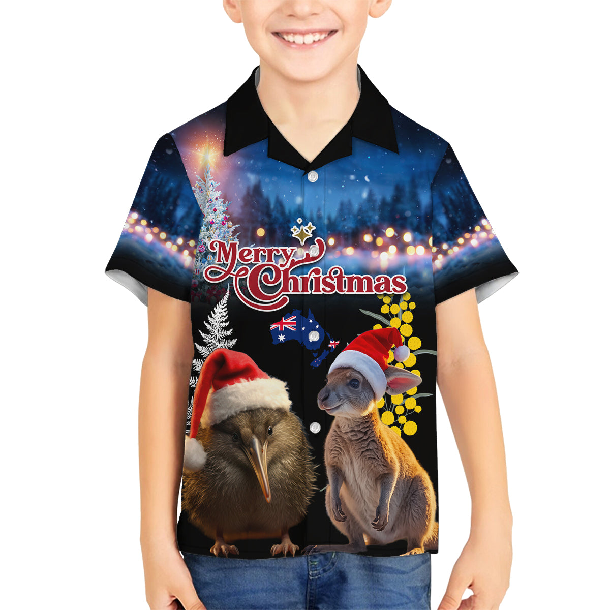 New Zealand and Australia Merry Christmas Family Matching Tank Maxi Dress and Hawaiian Shirt Kiwi Bird and Kangaroo Xmas Vibe