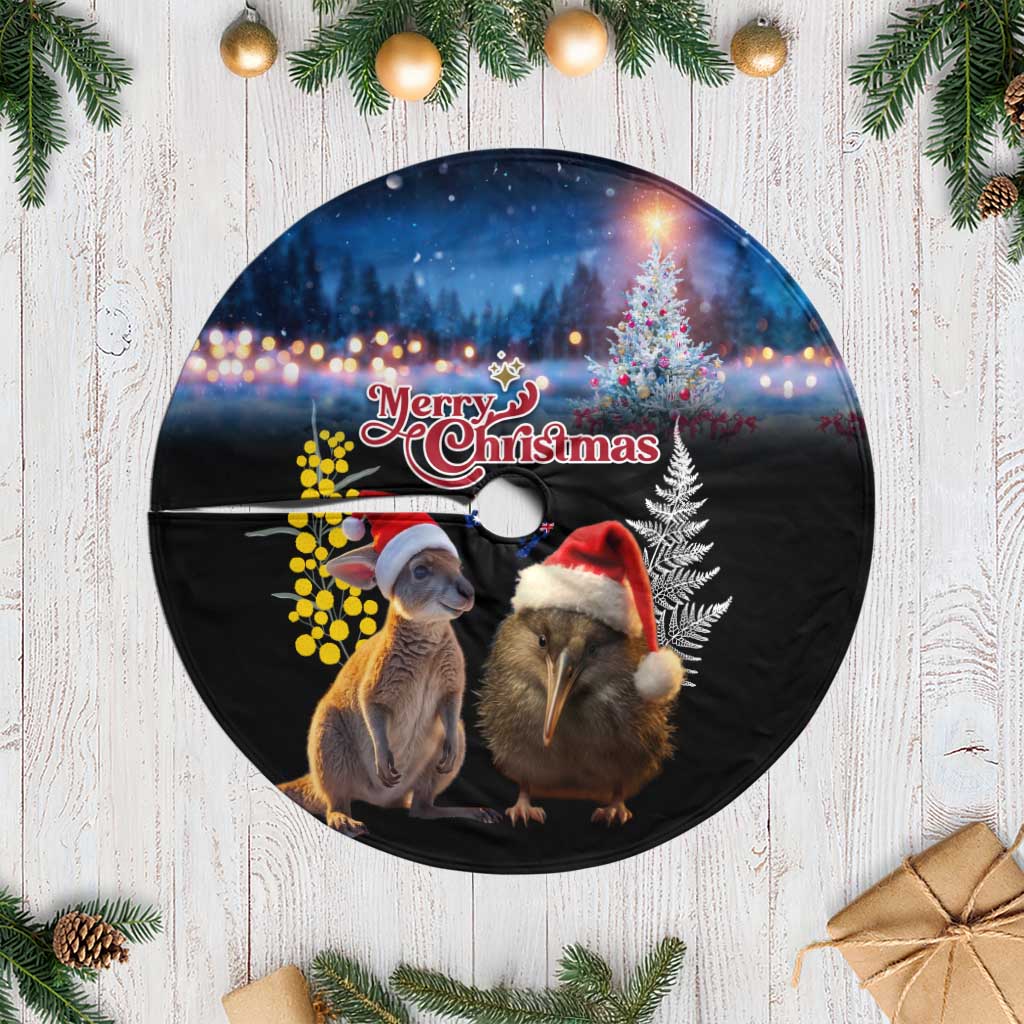 New Zealand and Australia Merry Christmas Tree Skirt Kiwi Bird and Kangaroo Xmas Vibe