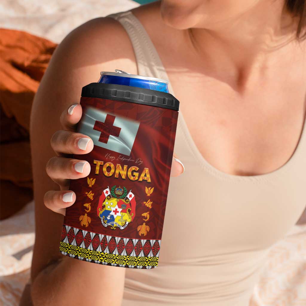 Tonga Independence Day 4 in 1 Can Cooler Tumbler National Flag and Emblem with Ngatu Art Pattern