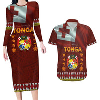 Tonga Independence Day Couples Matching Long Sleeve Bodycon Dress and Hawaiian Shirt National Flag and Emblem with Ngatu Art Pattern