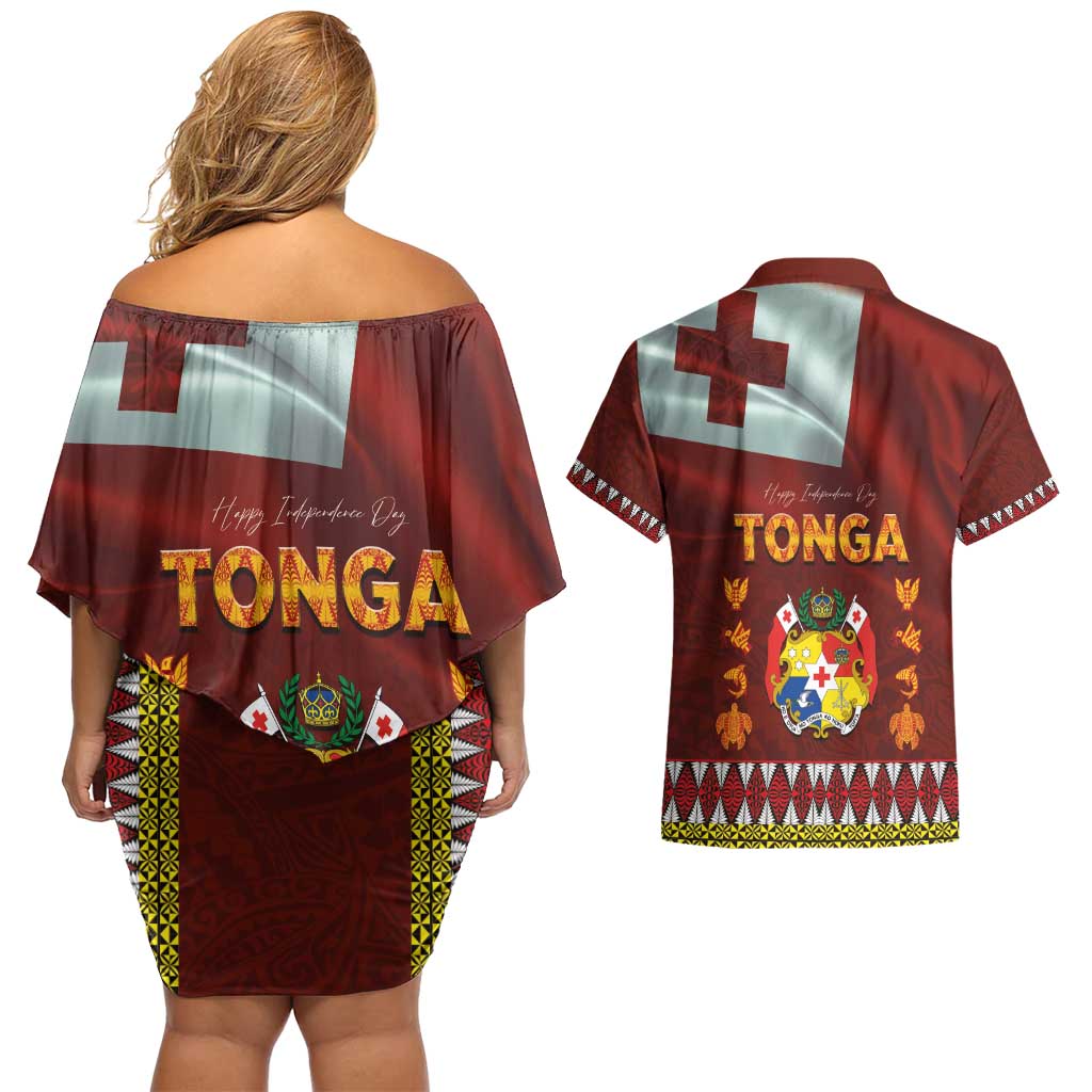 Tonga Independence Day Couples Matching Off Shoulder Short Dress and Hawaiian Shirt National Flag and Emblem with Ngatu Art Pattern