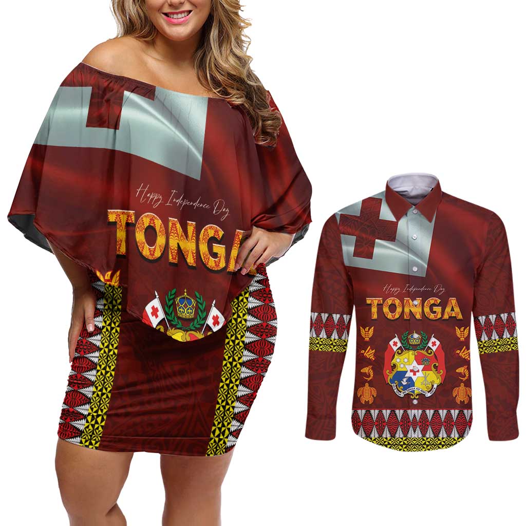 Tonga Independence Day Couples Matching Off Shoulder Short Dress and Long Sleeve Button Shirt National Flag and Emblem with Ngatu Art Pattern
