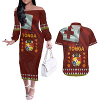 Tonga Independence Day Couples Matching Off The Shoulder Long Sleeve Dress and Hawaiian Shirt National Flag and Emblem with Ngatu Art Pattern