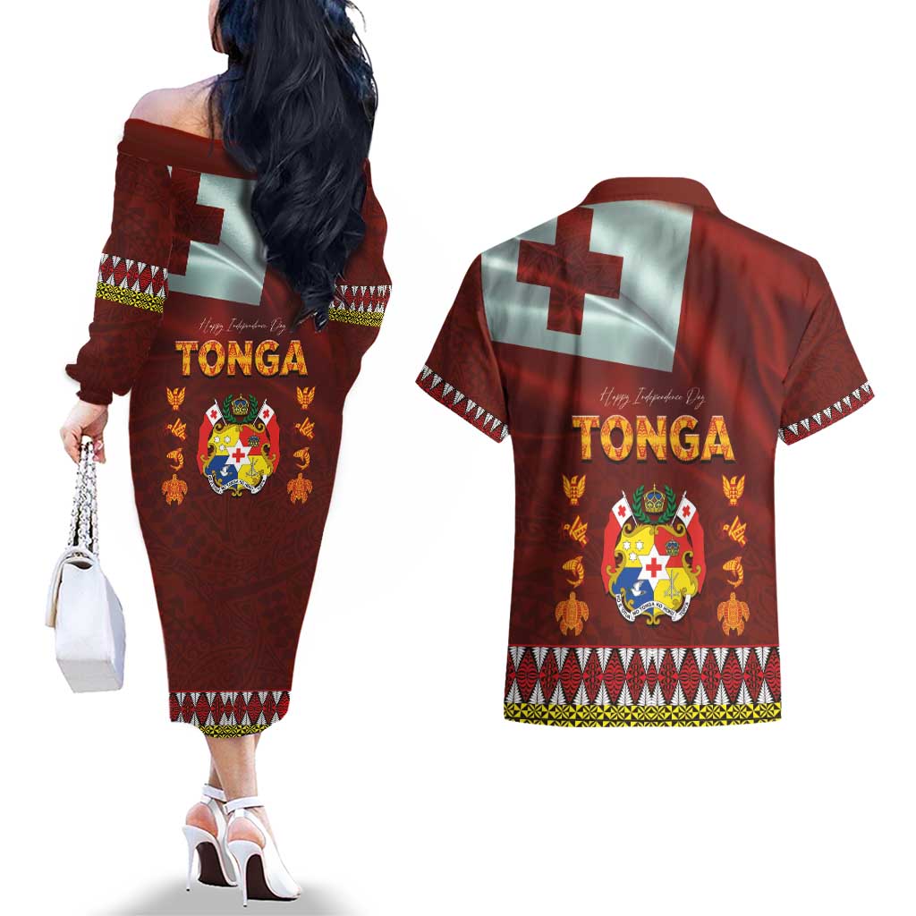 Tonga Independence Day Couples Matching Off The Shoulder Long Sleeve Dress and Hawaiian Shirt National Flag and Emblem with Ngatu Art Pattern