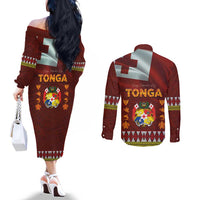 Tonga Independence Day Couples Matching Off The Shoulder Long Sleeve Dress and Long Sleeve Button Shirt National Flag and Emblem with Ngatu Art Pattern