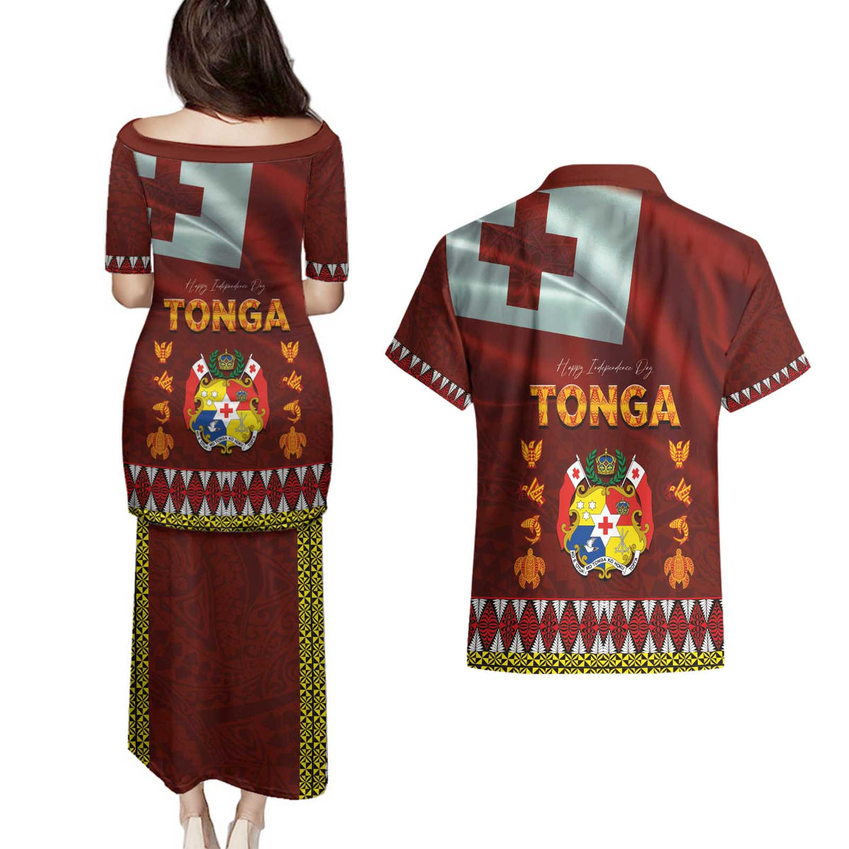 Tonga Independence Day Couples Matching Puletasi and Hawaiian Shirt National Flag and Emblem with Ngatu Art Pattern