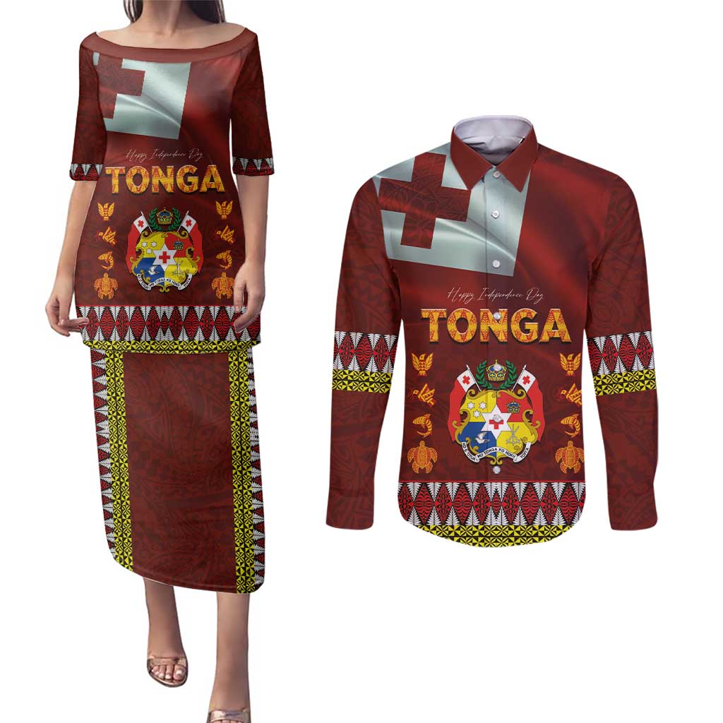 Tonga Independence Day Couples Matching Puletasi and Long Sleeve Button Shirt National Flag and Emblem with Ngatu Art Pattern