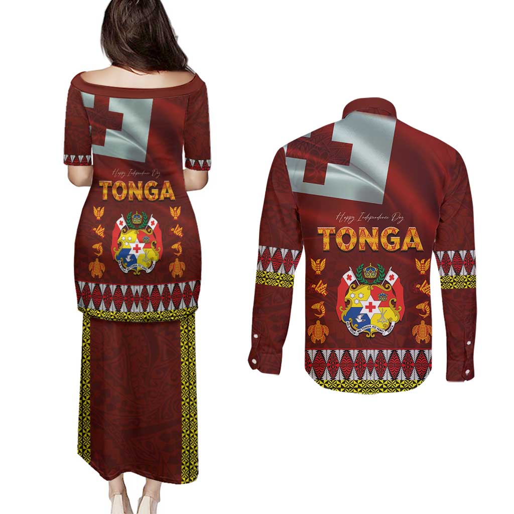 Tonga Independence Day Couples Matching Puletasi and Long Sleeve Button Shirt National Flag and Emblem with Ngatu Art Pattern