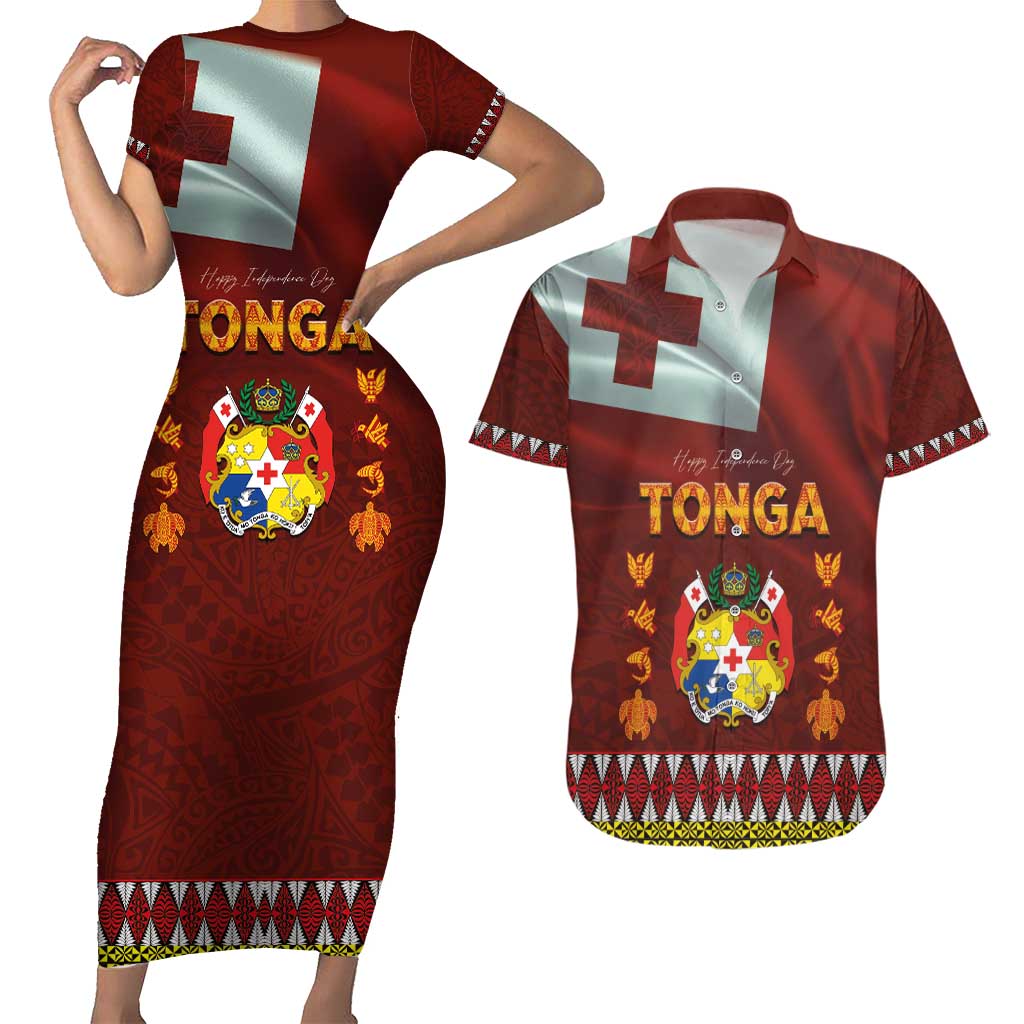 Tonga Independence Day Couples Matching Short Sleeve Bodycon Dress and Hawaiian Shirt National Flag and Emblem with Ngatu Art Pattern