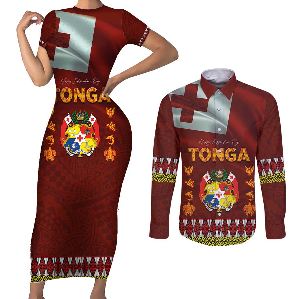 Tonga Independence Day Couples Matching Short Sleeve Bodycon Dress and Long Sleeve Button Shirt National Flag and Emblem with Ngatu Art Pattern