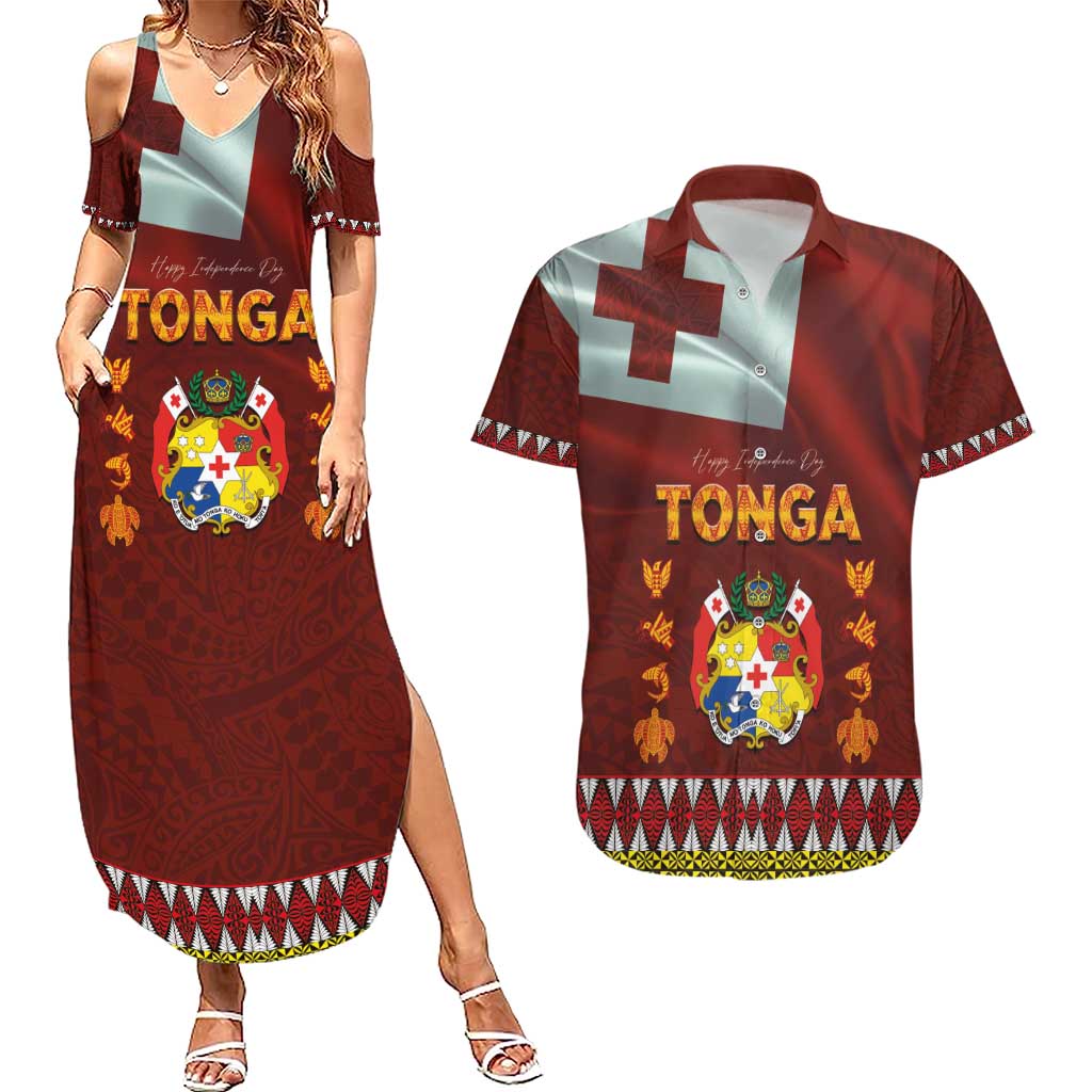 Tonga Independence Day Couples Matching Summer Maxi Dress and Hawaiian Shirt National Flag and Emblem with Ngatu Art Pattern
