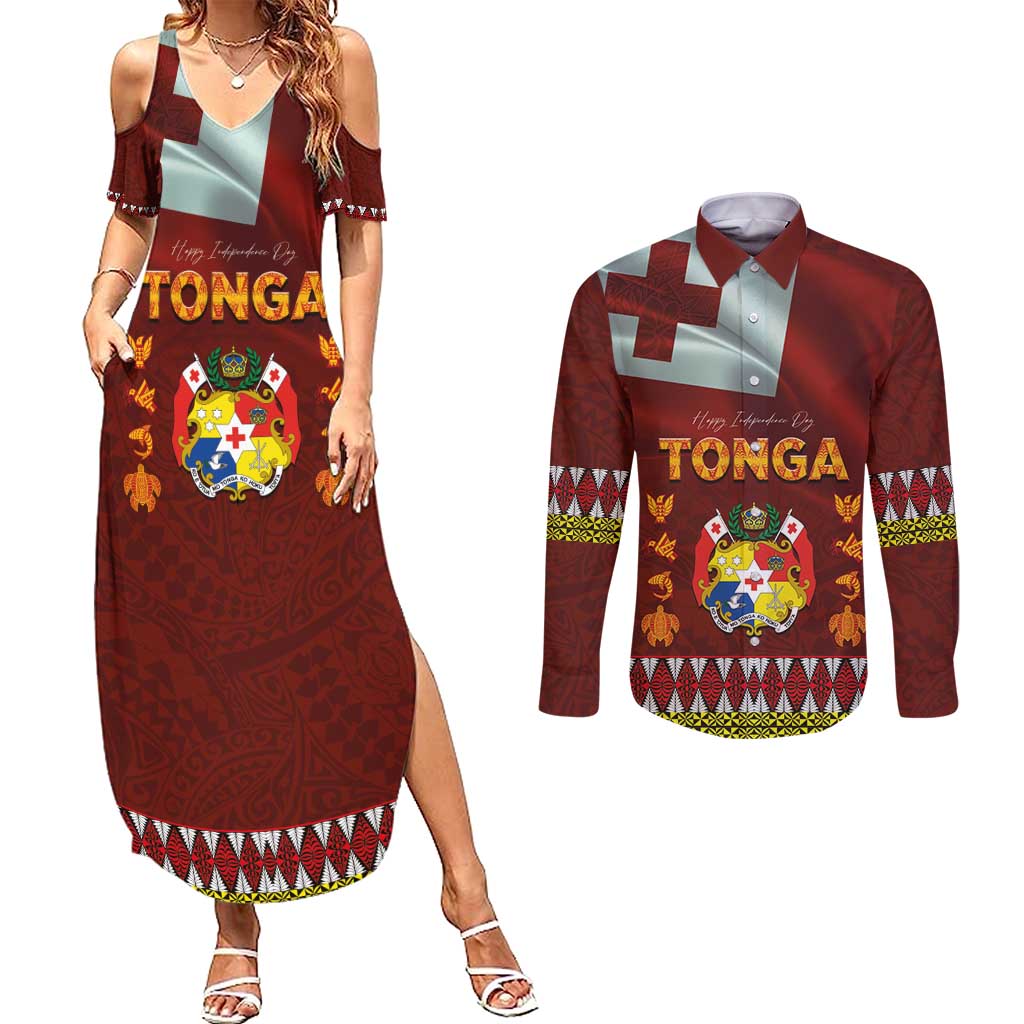 Tonga Independence Day Couples Matching Summer Maxi Dress and Long Sleeve Button Shirt National Flag and Emblem with Ngatu Art Pattern