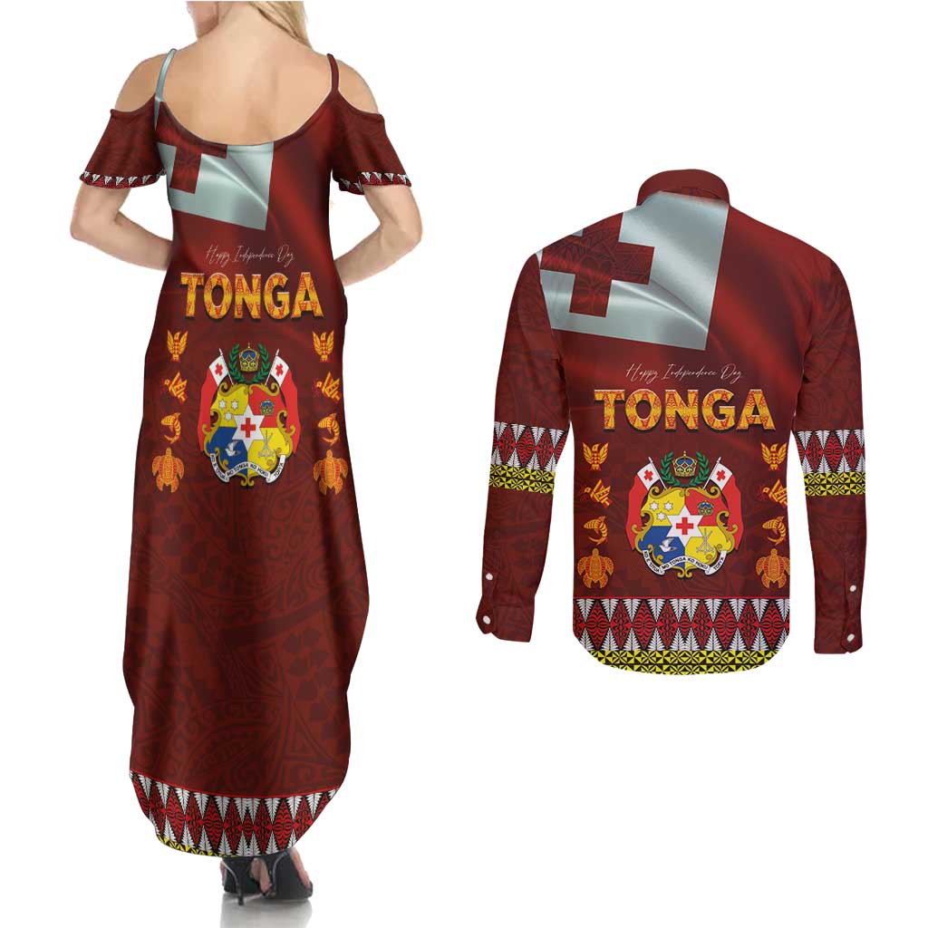 Tonga Independence Day Couples Matching Summer Maxi Dress and Long Sleeve Button Shirt National Flag and Emblem with Ngatu Art Pattern